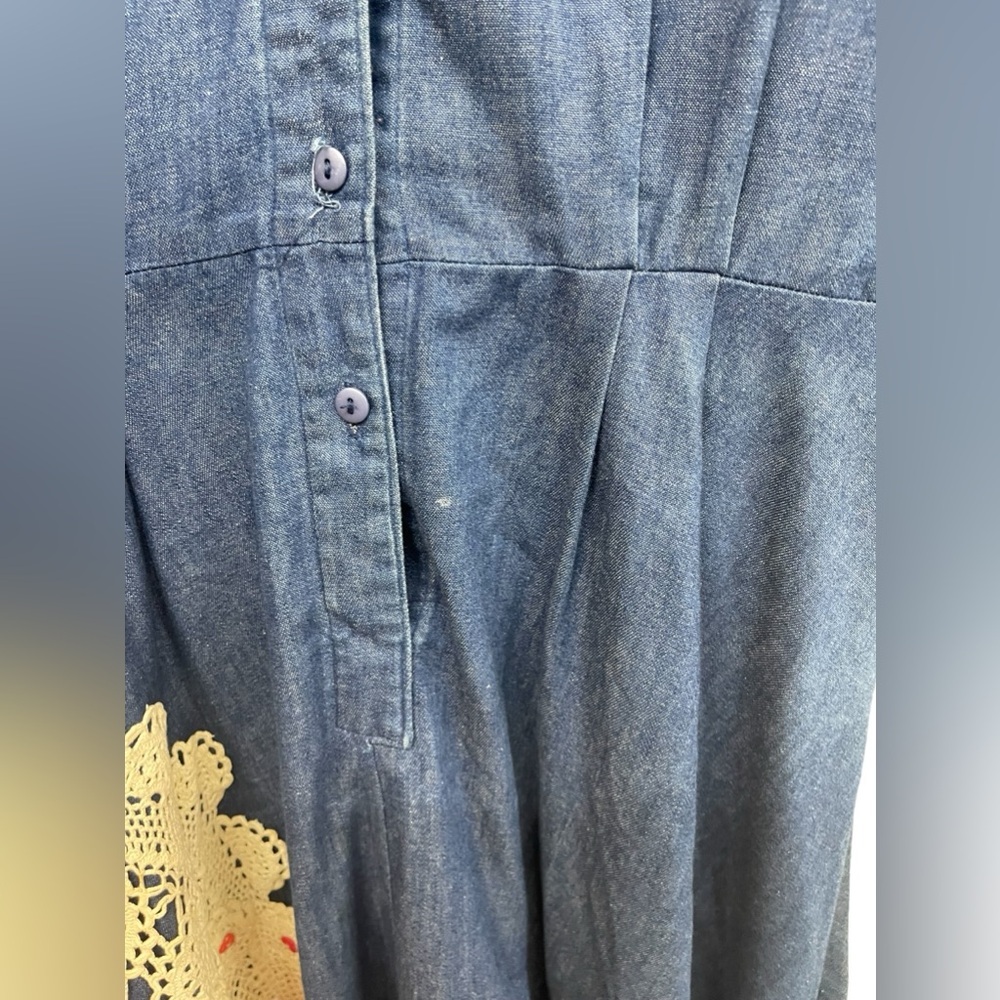 VNTG Women's Size 14 Midi Cotton Denim Dress Lace Embellishment Cottagecore - Picture 5 of 8